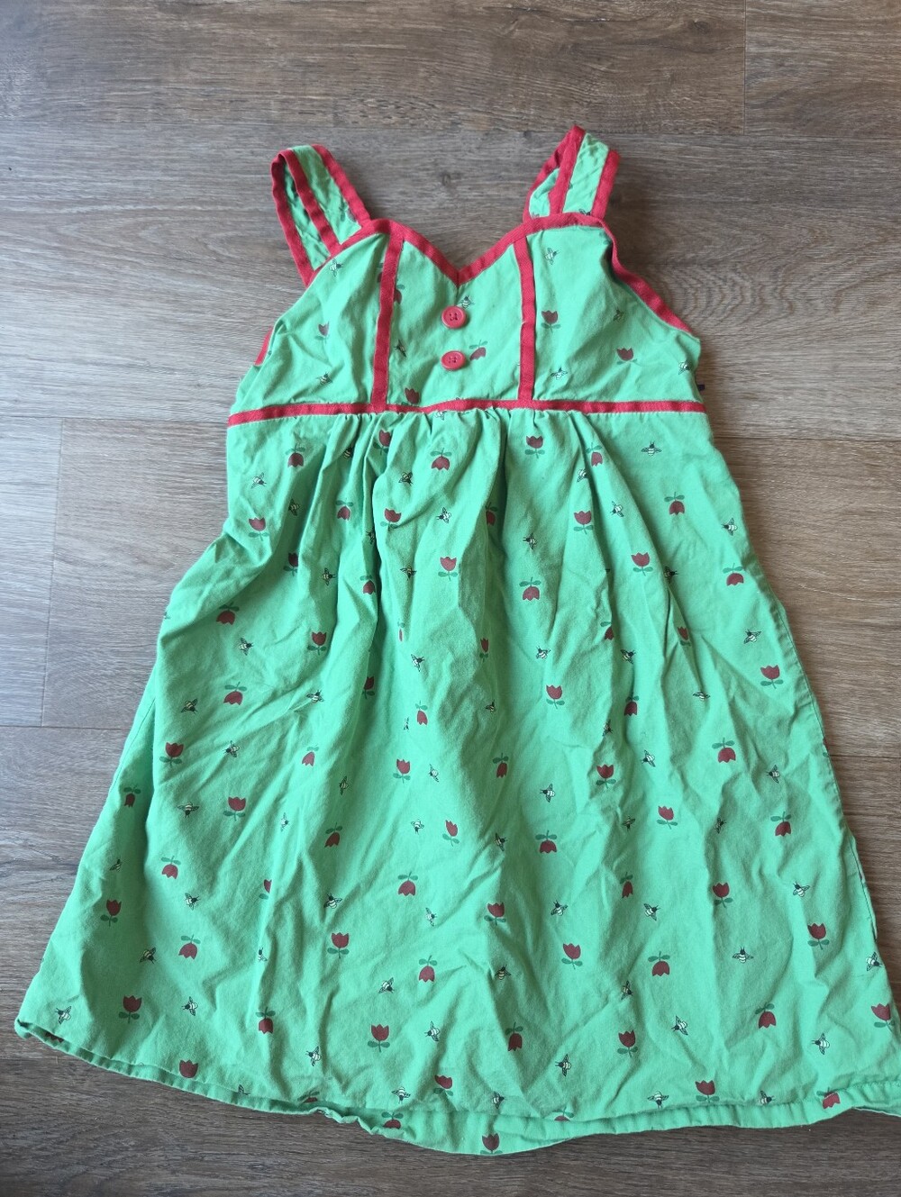 Hanna Andersson Green with Red Tulips and Bees Print Dress, Size 110 (4t)